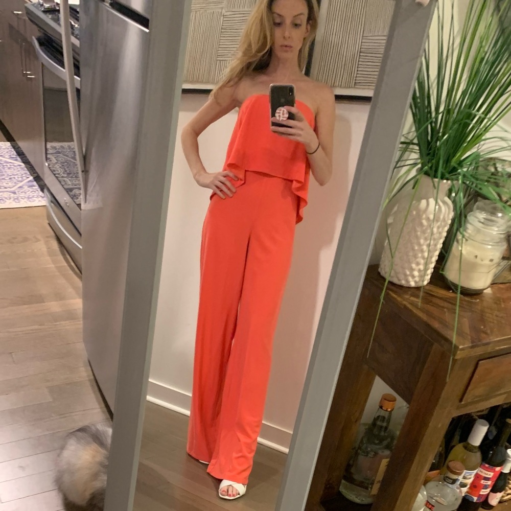 DO+BE Boutique strapless orange jumpsuit